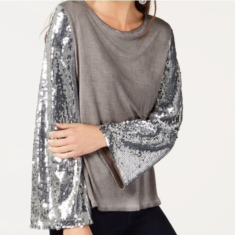 NWT INC International Concepts Long Sleeve Sequins New Grey Knight Pullover Top